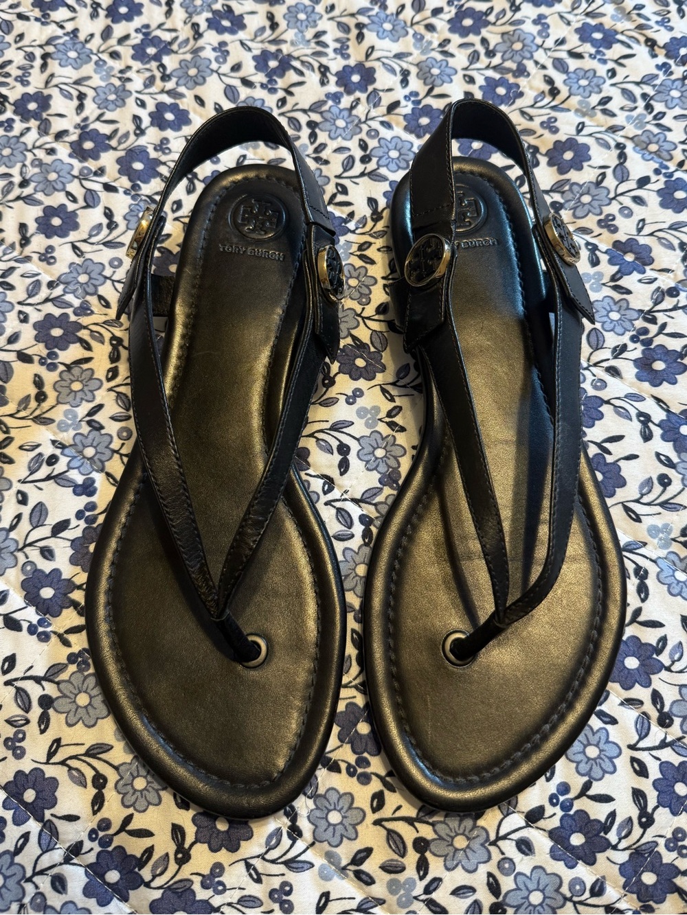Tory Burch Black Leather Toe-Post Slingback Sandals